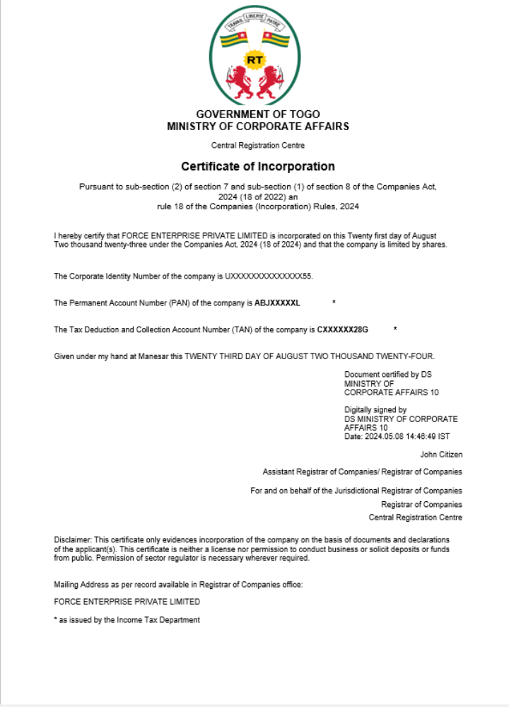 Togo business registration certificate Word and PDF template